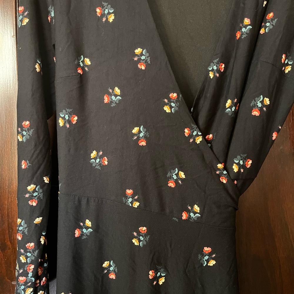 Loft Ann Taylor Black Floral Wrap Dress Long Sleeve Tie Waist Stretch - Picture 3 of 9